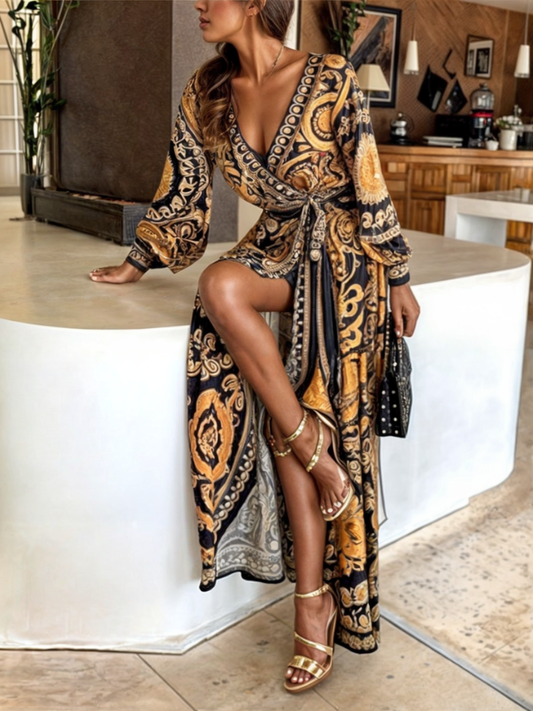 Lani - Abito Maxi Bohemien con Stampa Dorata e Spacco Alto