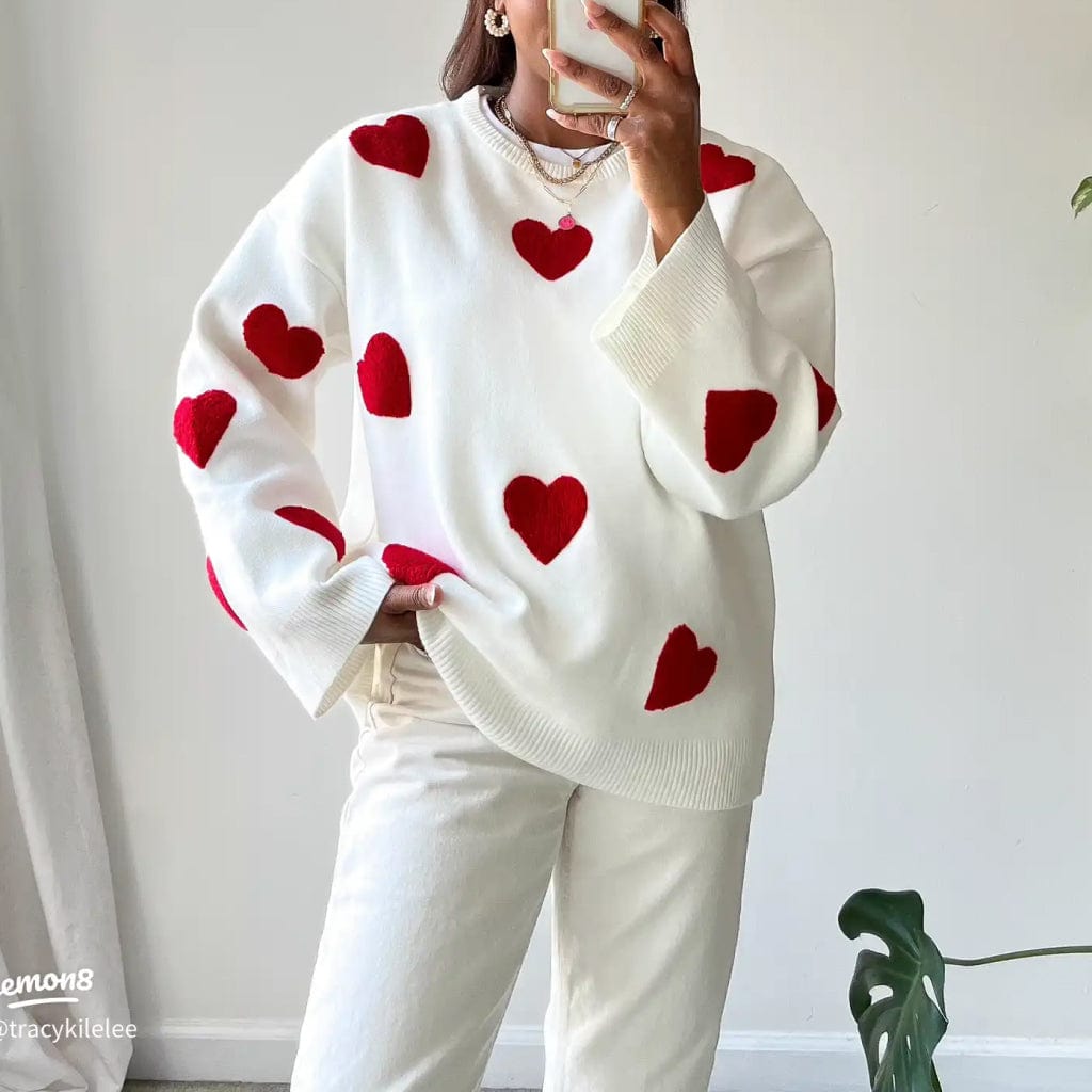 Florence - Pull en maille imprimé cœur, décontracté et confortable