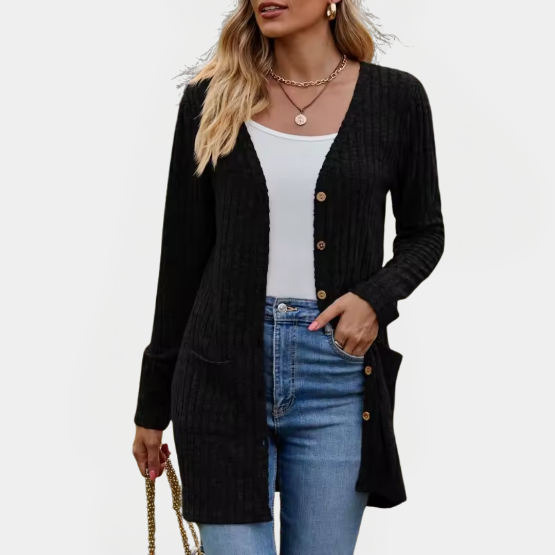 Jemima - Cardigan long boutonné en maille côtelée