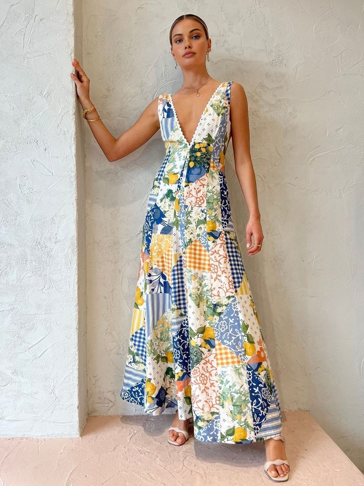 Madeline - Abito lungo patchwork con scollo a V bianco, fascino bohemien