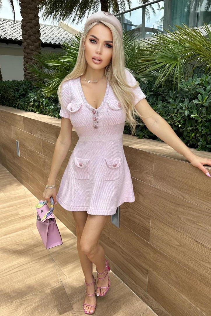 Lara - Robe Mini Rose Bébé avec Boutons Cristal et Poches