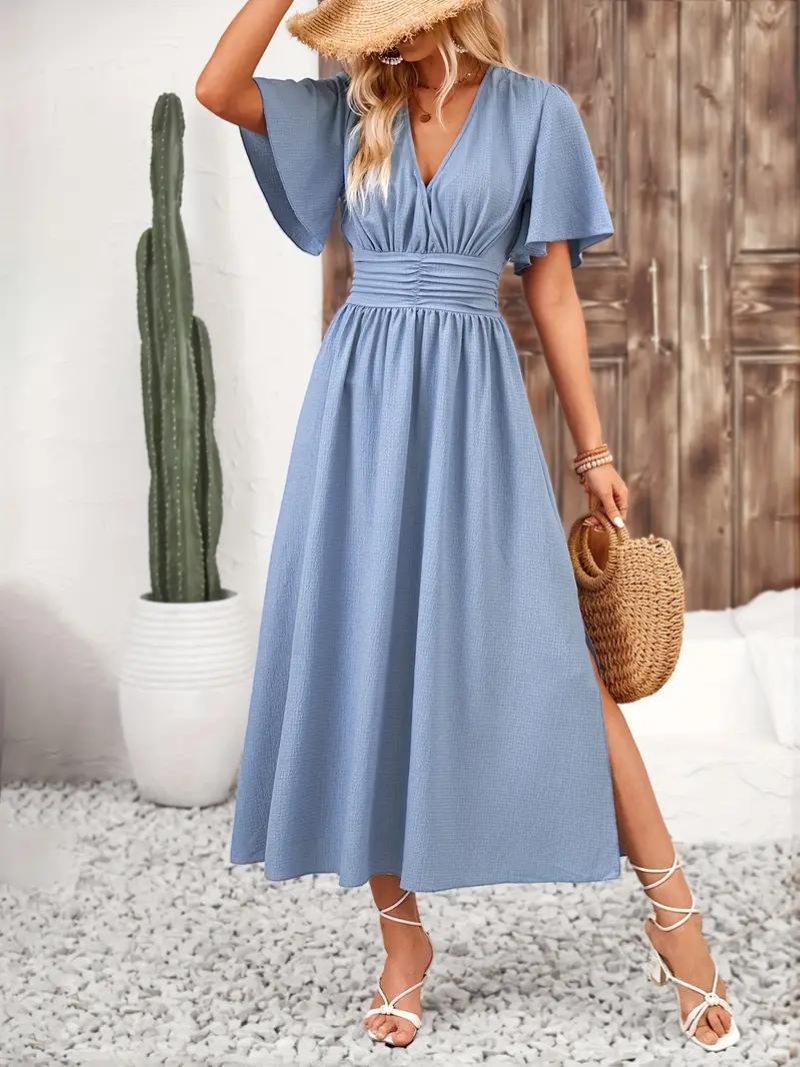 Arielle - Abito lungo manica corta con scollo a V, maxi sundress