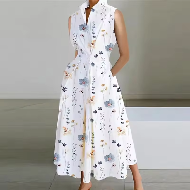 Estelle - Vestito Camicia con Colletto, Bottoni Frontali e Vita Arricciata