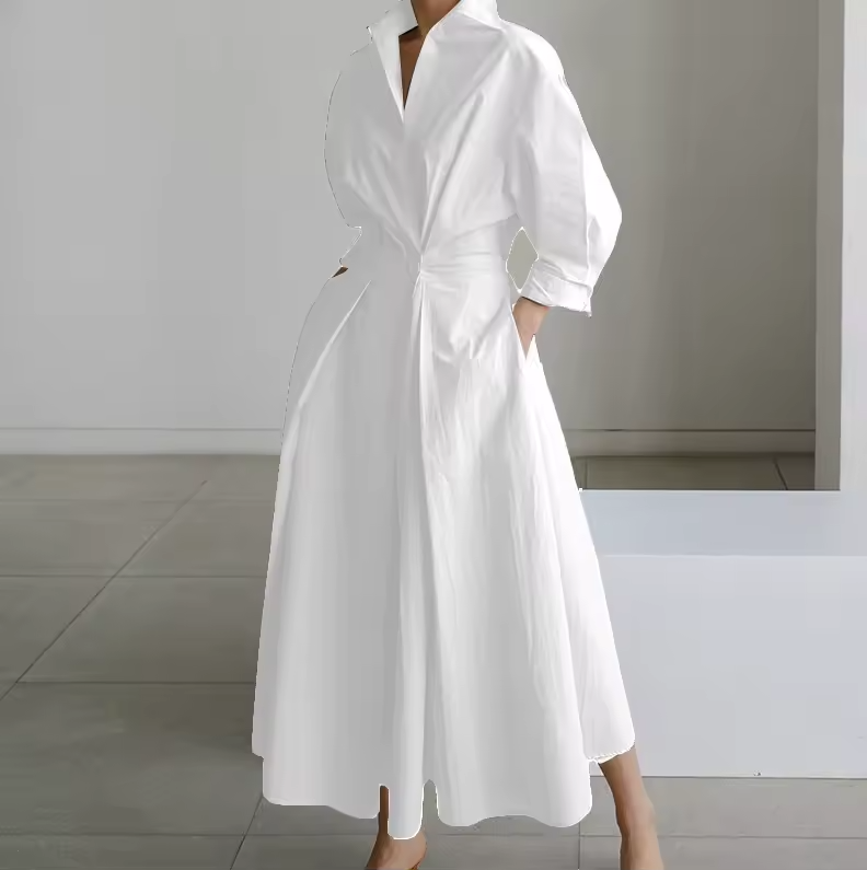Estelle - Vestito Camicia con Colletto, Bottoni Frontali e Vita Arricciata
