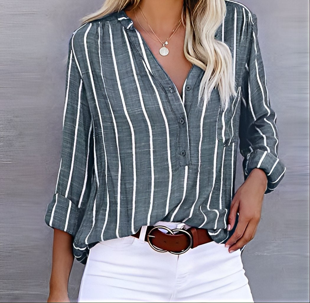 Ellie - Camicia a righe con bottoni, vestibilità comoda