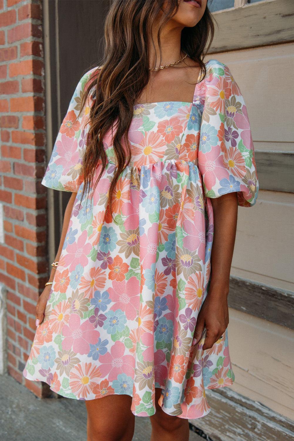 Nina - Vestito Babydoll con Maniche a Sbuffo e Scollo Quadrato a Fiori