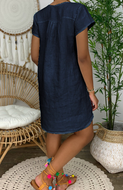 Lily - Robe en lin à col en V avec manches retroussées et ourlet arrondi