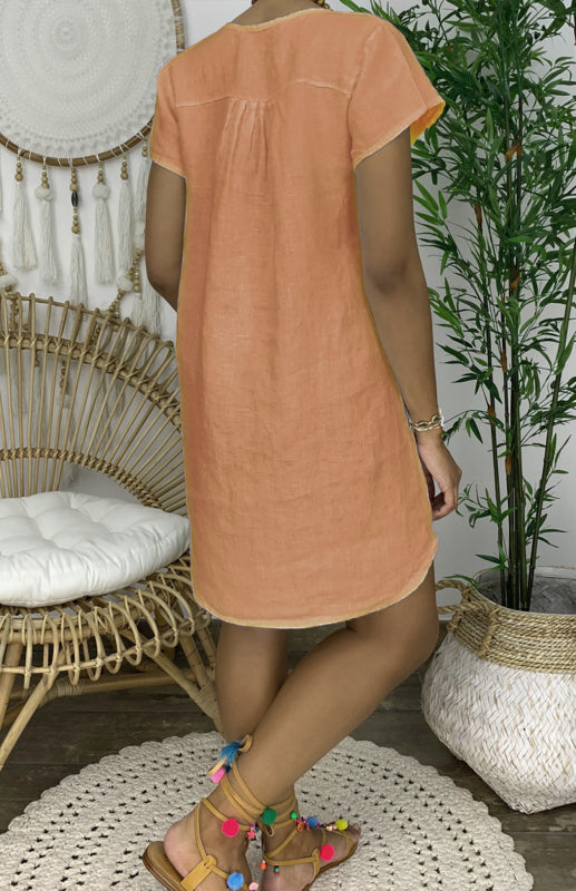 Lily - Robe en lin à col en V avec manches retroussées et ourlet arrondi