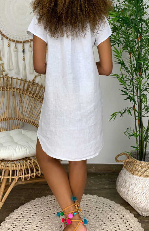 Lily - Robe en lin à col en V avec manches retroussées et ourlet arrondi