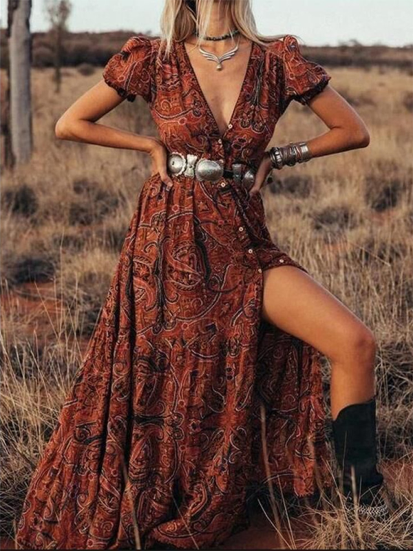 Coraline - Abito lungo bohemien con stampa paisley e scollo a V