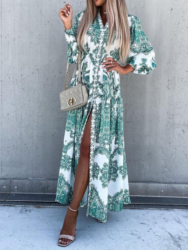 Ophelia - Abito lungo maxi con stampa paisley, bottoni frontali e spacco alto