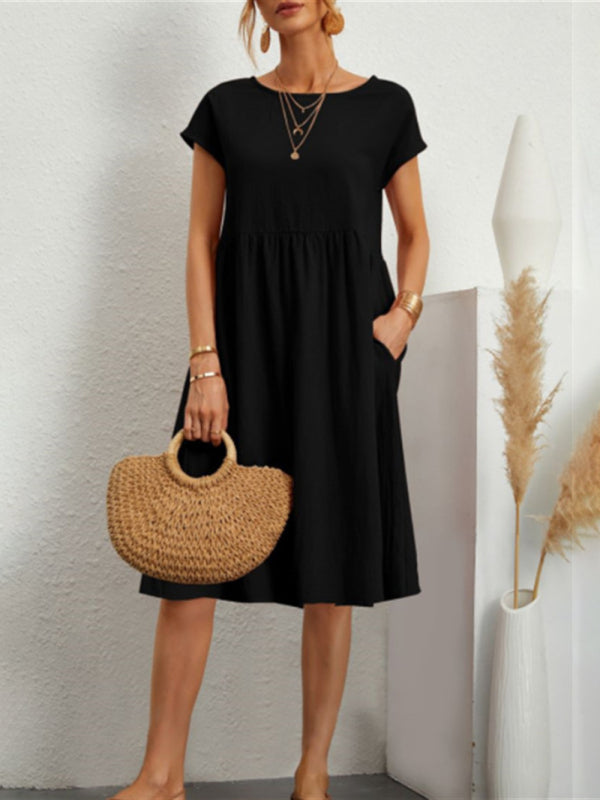 Celia - Vestido línea A con estampado sólido, cuello redondo y mangas cortas