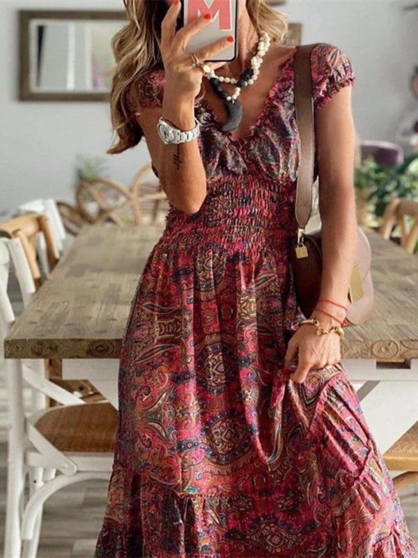 Kiara - Abito Maxi Bohemien con Stampa Paisley e Vita Arricciata