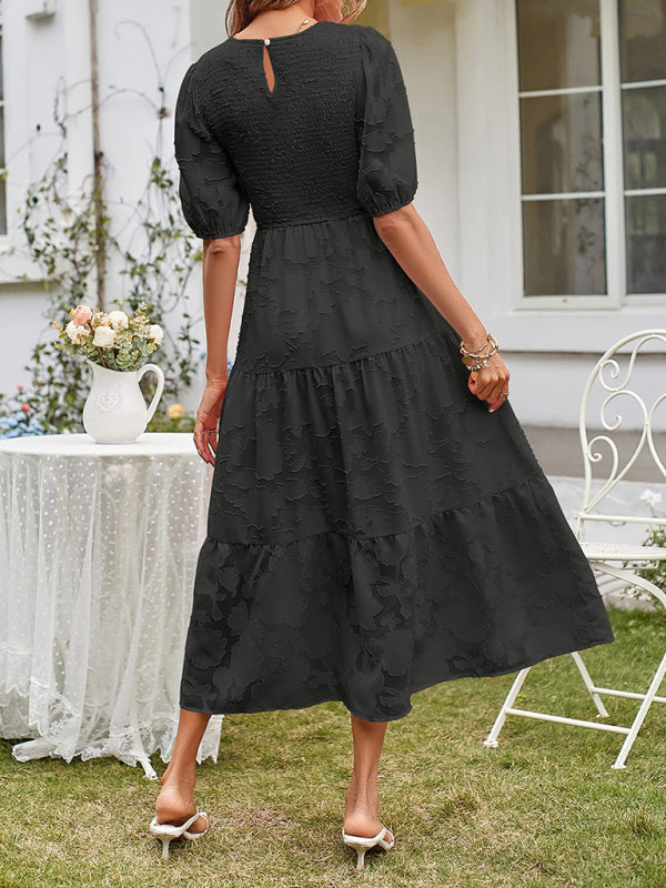 Elly - Vestito midi con corpetto arricciato, maniche a sbuffo e gonna a balze