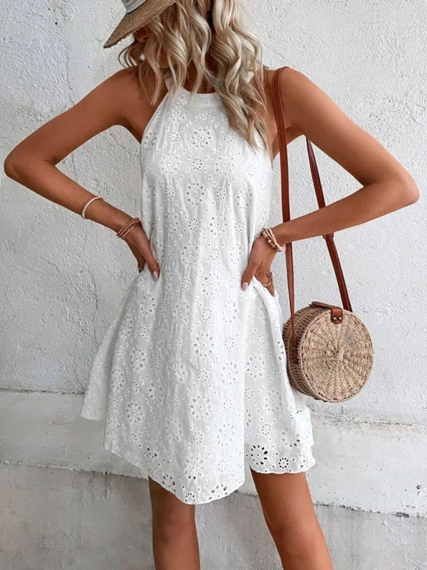 Georgia - Robe courte à œillets avec encolure dos-nu et motif floral
