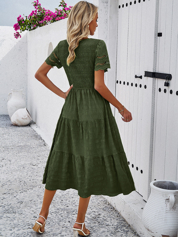 Alia - Vestito midi con corpetto arricciato e maniche in pizzo traforato