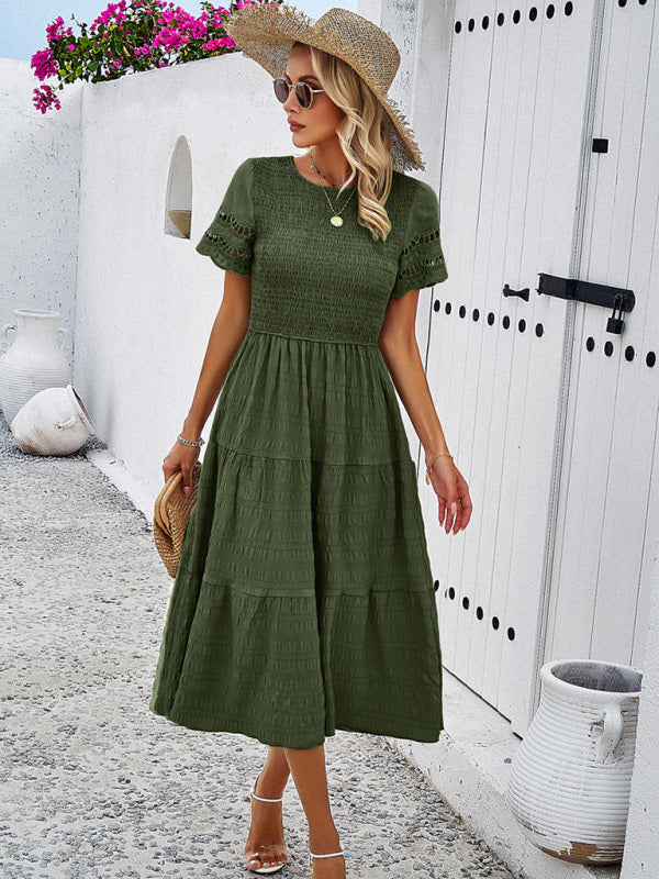Alia - Vestito midi con corpetto arricciato e maniche in pizzo traforato