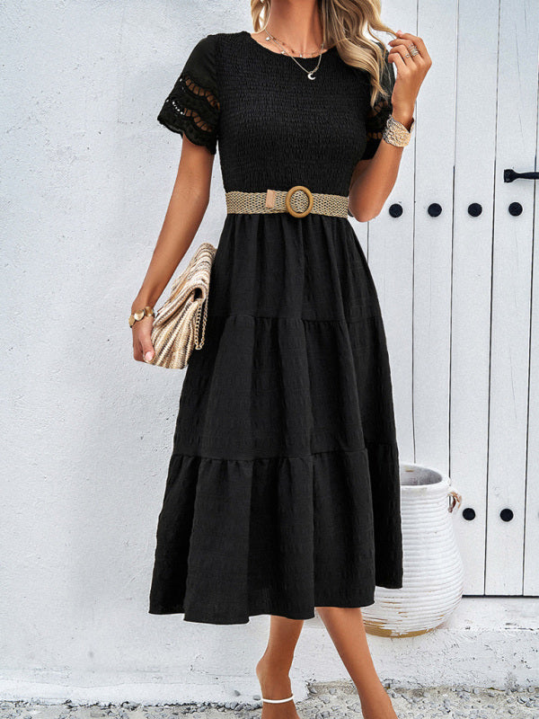 Alia - Vestito midi con corpetto arricciato e maniche in pizzo traforato