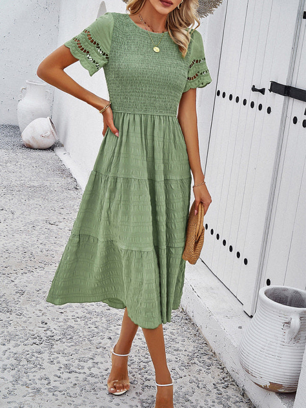 Alia - Vestito midi con corpetto arricciato e maniche in pizzo traforato