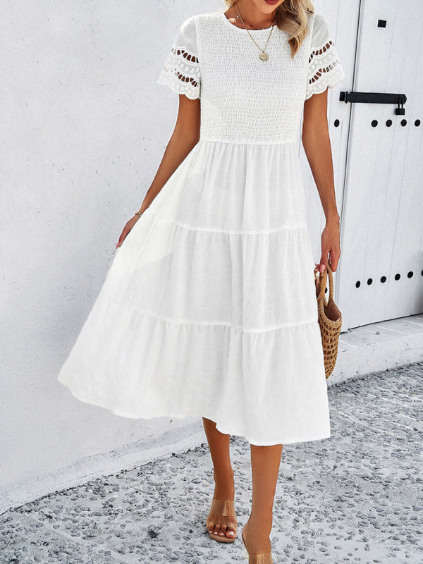 Alia - Vestito midi con corpetto arricciato e maniche in pizzo traforato