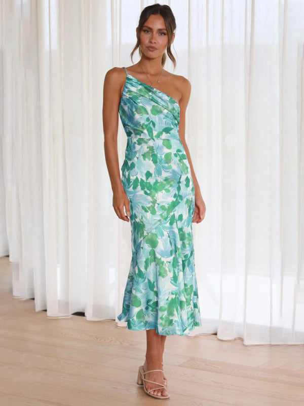 Paige - Vestito midi con scollo asimmetrico, stampa floreale e orlo a coda di pesce