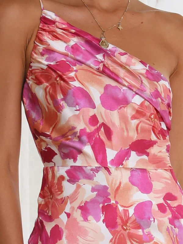 Paige - Vestito midi con scollo asimmetrico, stampa floreale e orlo a coda di pesce