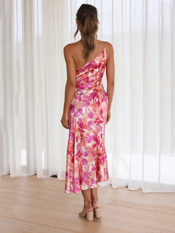 Paige - Vestito midi con scollo asimmetrico, stampa floreale e orlo a coda di pesce