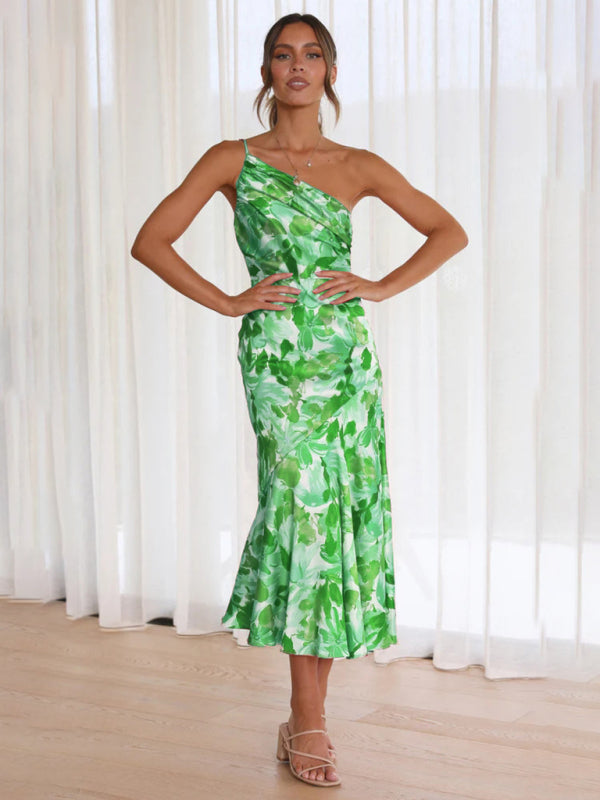 Paige - Vestito midi con scollo asimmetrico, stampa floreale e orlo a coda di pesce