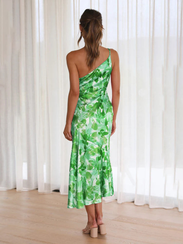 Paige - Vestito midi con scollo asimmetrico, stampa floreale e orlo a coda di pesce