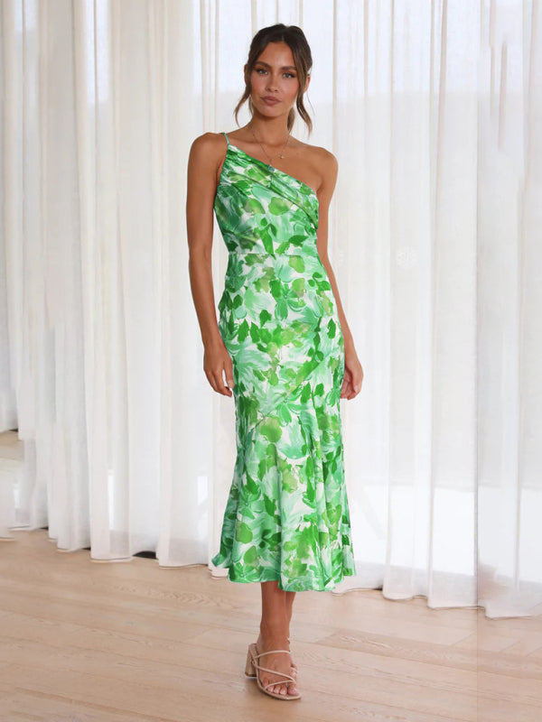 Paige - Vestito midi con scollo asimmetrico, stampa floreale e orlo a coda di pesce