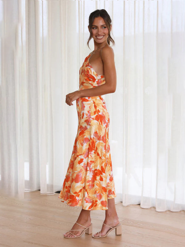 Paige - Vestito midi con scollo asimmetrico, stampa floreale e orlo a coda di pesce
