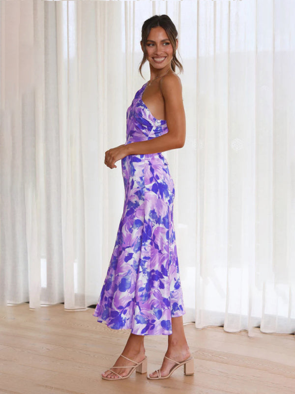 Paige - Vestito midi con scollo asimmetrico, stampa floreale e orlo a coda di pesce