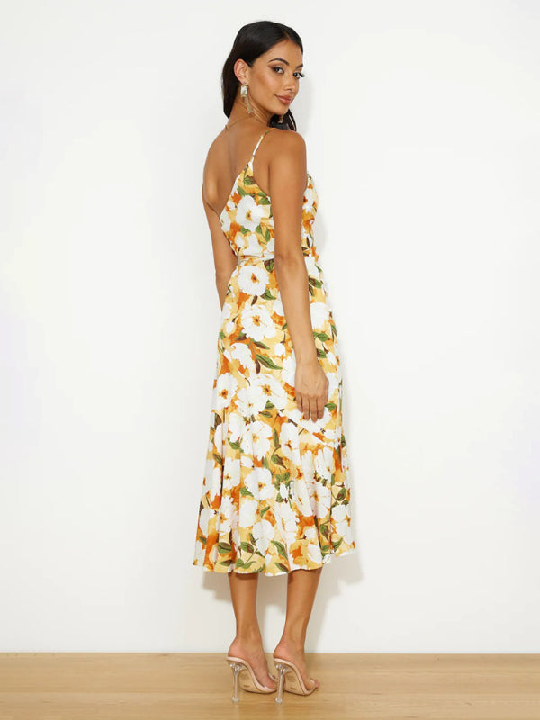 Paige - Vestito midi con scollo asimmetrico, stampa floreale e orlo a coda di pesce