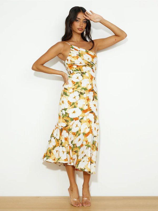 Paige - Vestito midi con scollo asimmetrico, stampa floreale e orlo a coda di pesce