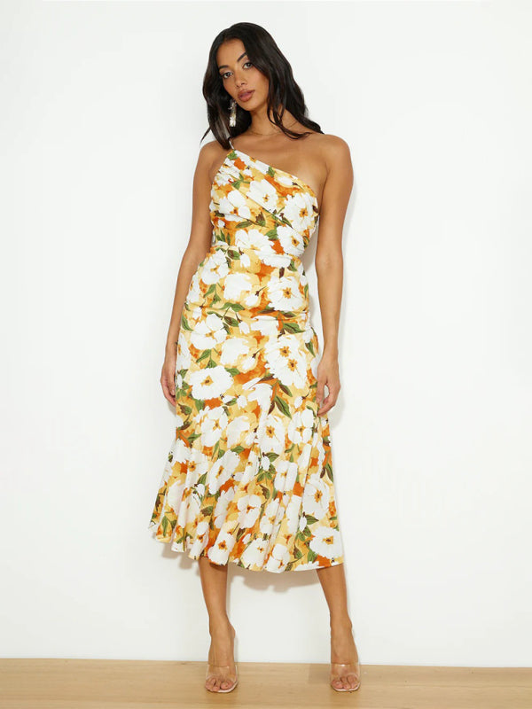Paige - Vestito midi con scollo asimmetrico, stampa floreale e orlo a coda di pesce