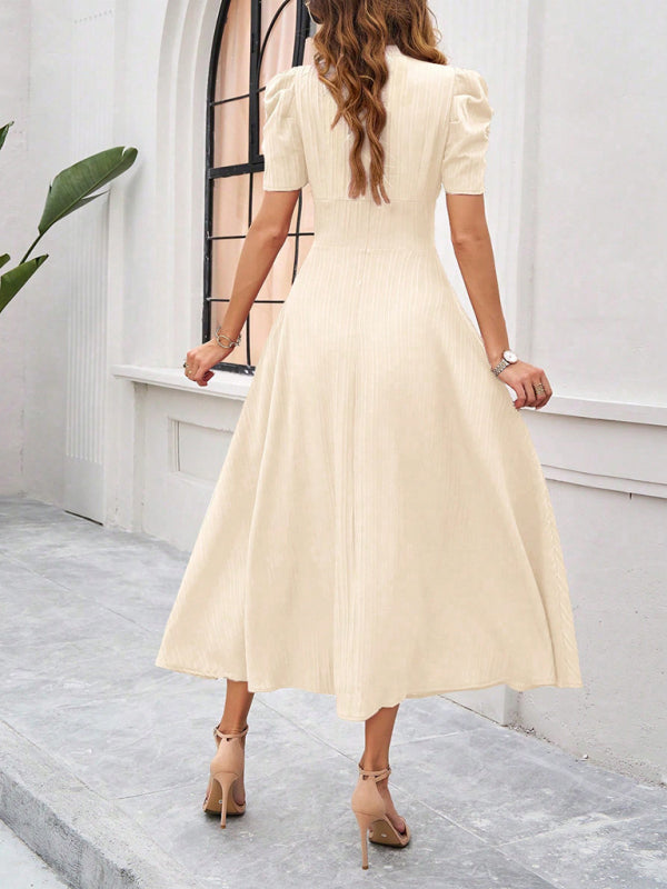 Cecily - Vestido midi con escote en V, mangas abullonadas y cintura fruncida