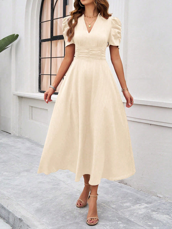 Cecily - Vestido midi con escote en V, mangas abullonadas y cintura fruncida