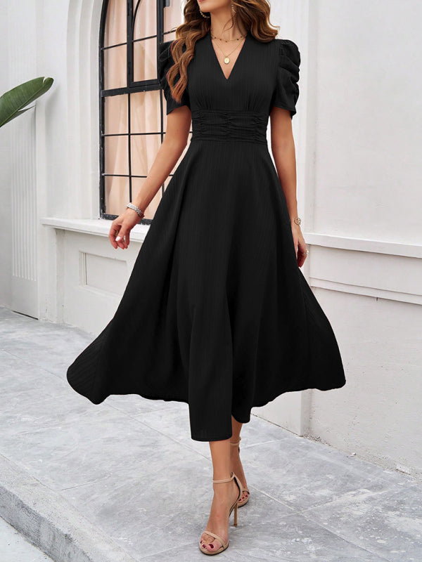 Cecily - Vestido midi con escote en V, mangas abullonadas y cintura fruncida