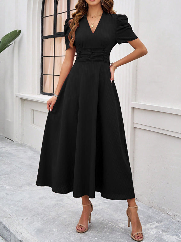 Cecily - Vestido midi con escote en V, mangas abullonadas y cintura fruncida