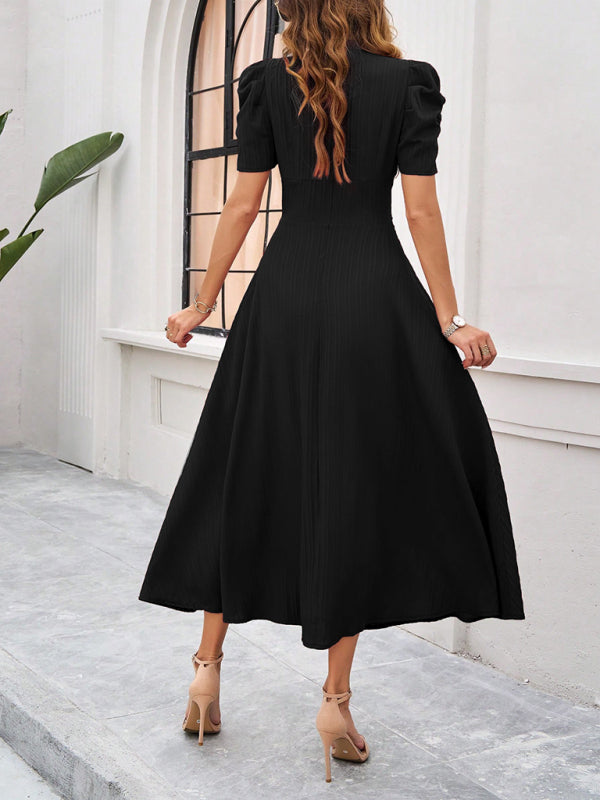 Cecily - Vestido midi con escote en V, mangas abullonadas y cintura fruncida