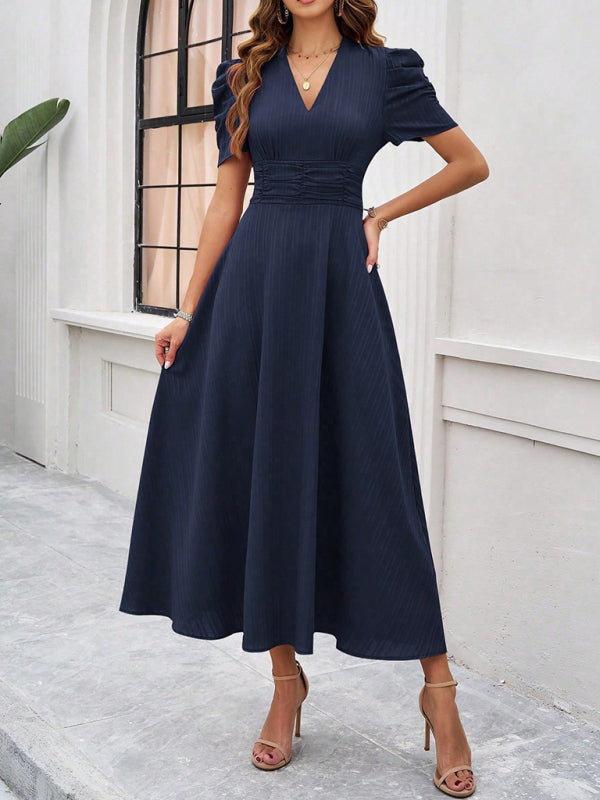 Cecily - Vestido midi con escote en V, mangas abullonadas y cintura fruncida