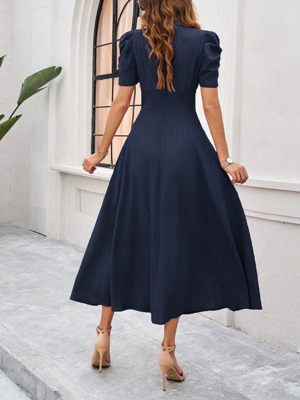 Cecily - Vestido midi con escote en V, mangas abullonadas y cintura fruncida