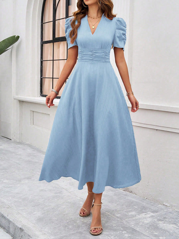 Cecily - Vestido midi con escote en V, mangas abullonadas y cintura fruncida