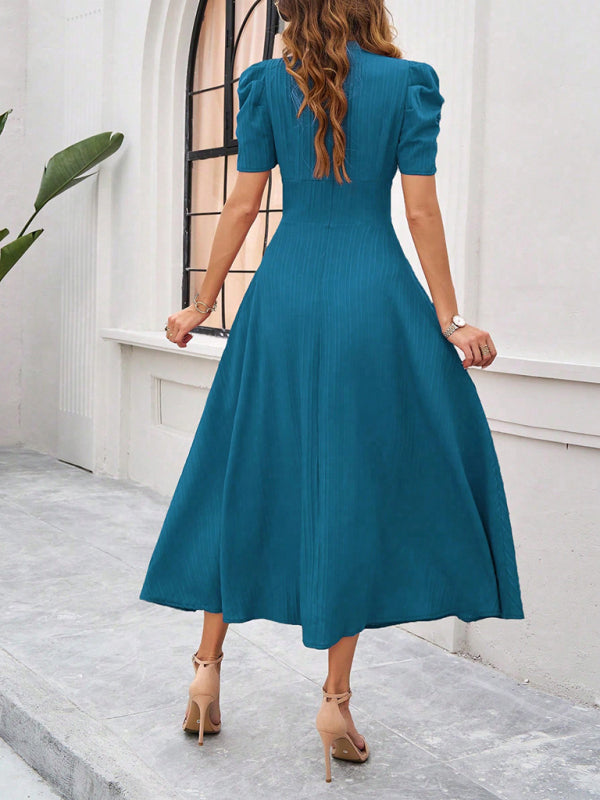Cecily - Vestido midi con escote en V, mangas abullonadas y cintura fruncida