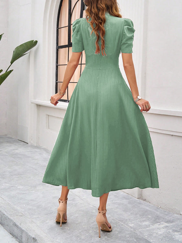 Cecily - Vestido midi con escote en V, mangas abullonadas y cintura fruncida