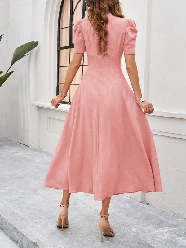 Cecily - Vestido midi con escote en V, mangas abullonadas y cintura fruncida