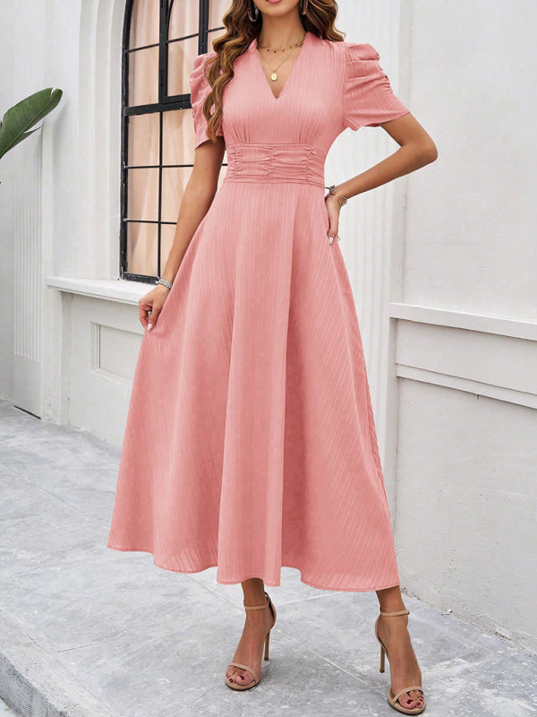 Cecily - Vestido midi con escote en V, mangas abullonadas y cintura fruncida