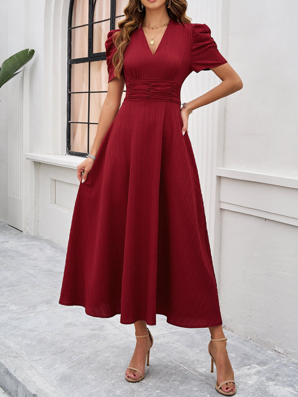 Cecily - Vestido midi con escote en V, mangas abullonadas y cintura fruncida