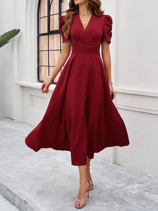 Cecily - Vestido midi con escote en V, mangas abullonadas y cintura fruncida