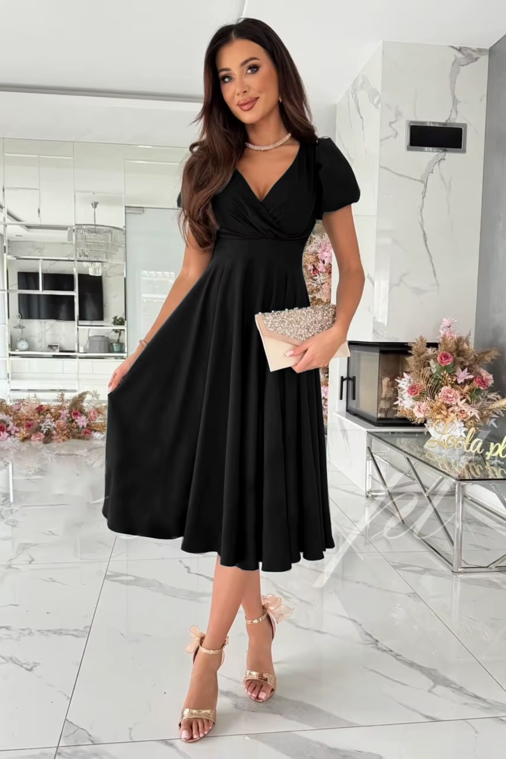 Anika - Elegante abito midi con scollo a V per matrimoni e occasioni speciali